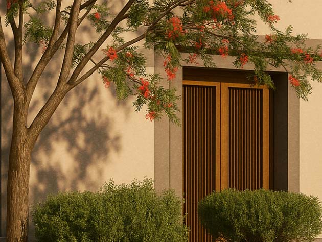 Flowering tree beside a wooden door in a rendered coastal building