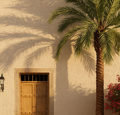 Date palms casting shadows on a rendered wall with a traditional wooden door