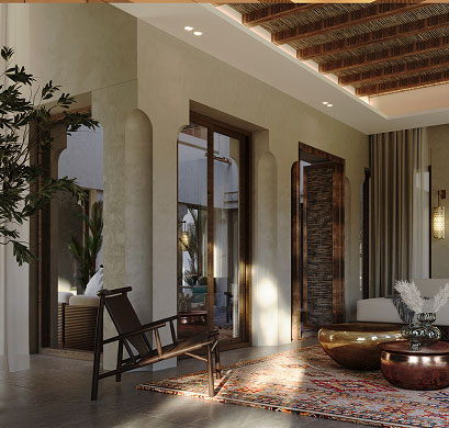 Shaded terrace with a timber ceiling and seating opening onto planted grounds