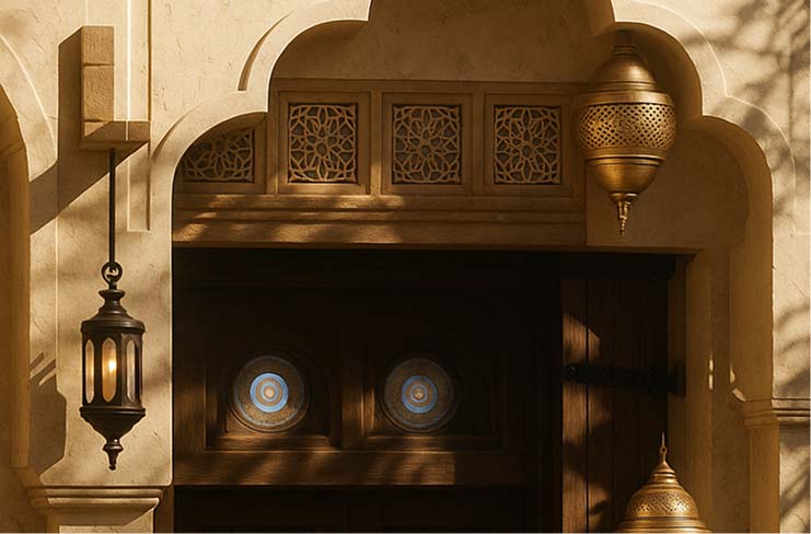 Arched interior niche with hanging brass lanterns and carved wooden screens