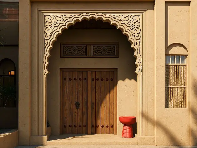Carved arched gateway with wooden doors in Khaleeji architectural style