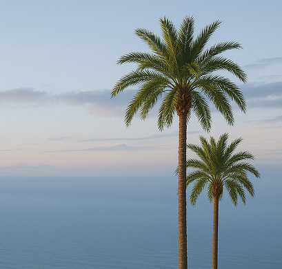 Two palm trees against the open sea under a clear sky