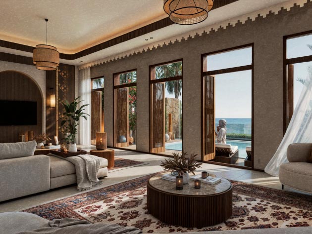 Living room interior in a coastal residence with sea views